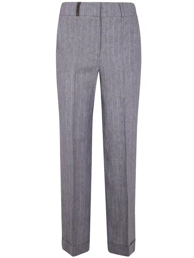 Peserico Pinstripe Linen Canvas Trousers In Gray