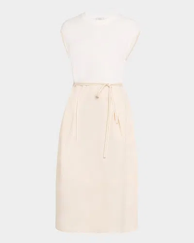 Peserico Pleated Colorblock Mixed Media Midi Dress In Quartz Sand