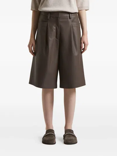 Peserico Pleated Leather Shorts In Brown