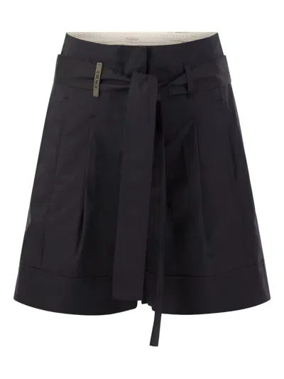 Peserico Short With Pleats And Stretch Cotton In Black