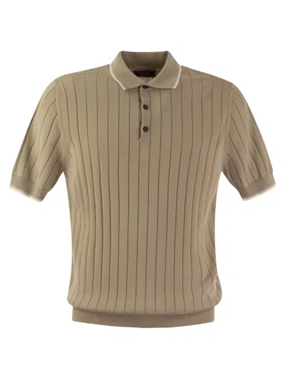 Peserico Polo Shirt In Pure Cotton Crepe Yarn With Flat Rib In Beige/white