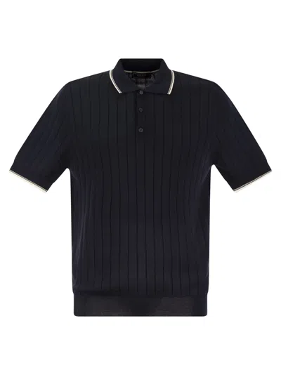 Peserico Polo Shirt In Pure Cotton Crepe Yarn With Flat Rib In Blue/beige