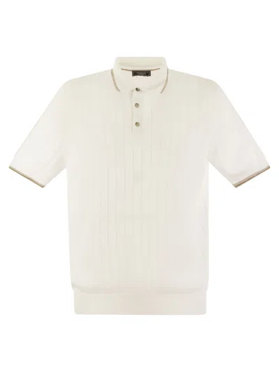 Peserico Polo Shirt In Pure Cotton Crepe Yarn With Flat Rib In White/beige