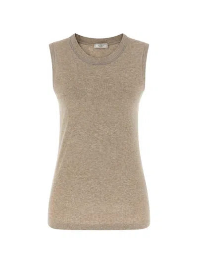 Peserico Punto Luce Ribbed Sleeveless Crew Neck Top In Neutral