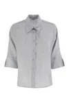 Peserico Women Pure Linen Striped Canvas Shirt In Blue