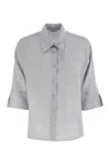 Peserico Women Pure Linen Striped Canvas Shirt In Blue