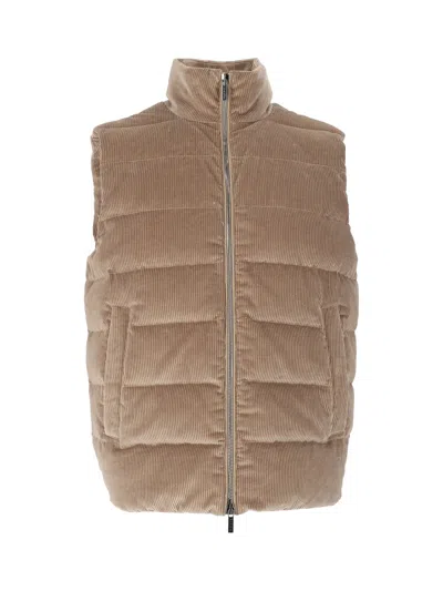Peserico Quilted High Collar Corduroy Outerwear In Brown