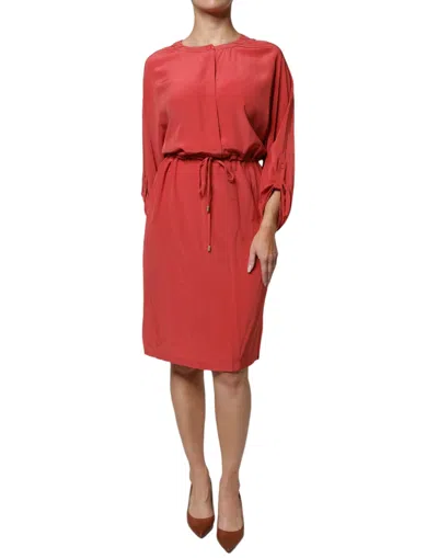 Pre-owned Peserico Red Long Sleeves Pencil Cut Drawstring Waist Women's Dress ()