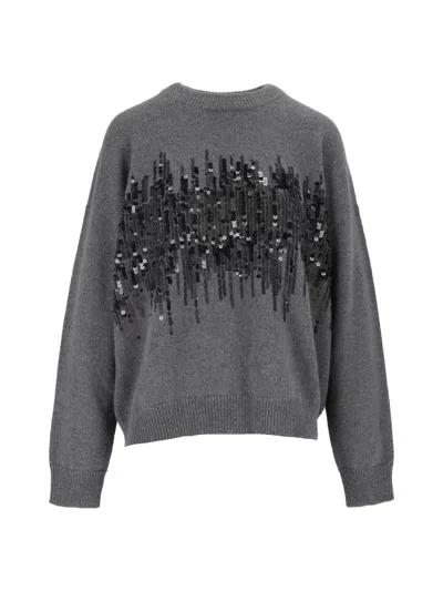 Peserico Relaxed Fit Sequin Detail Knitted Sweater In Gray