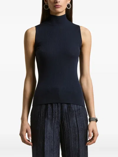 Peserico Ribbed High-neck Sleeveless Vest In Blue