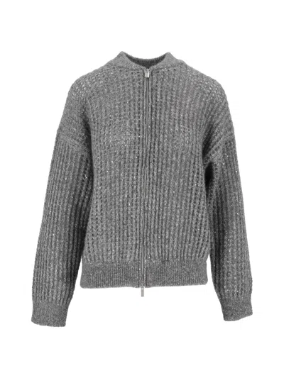 Peserico Ribbed Knit Zip-through Knit Cardigan In Grey