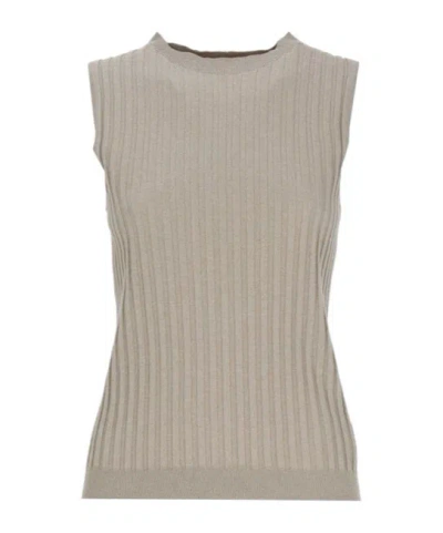 Peserico Ribbed Knit Sleeveless Fitted Cotton Top In Brown
