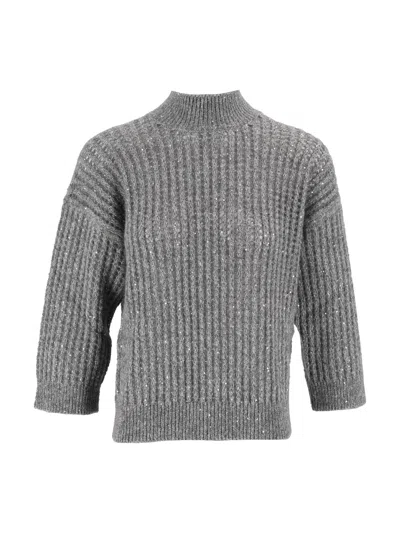 Peserico Sequin-embellished Ribbed-knit Sweater In Gray