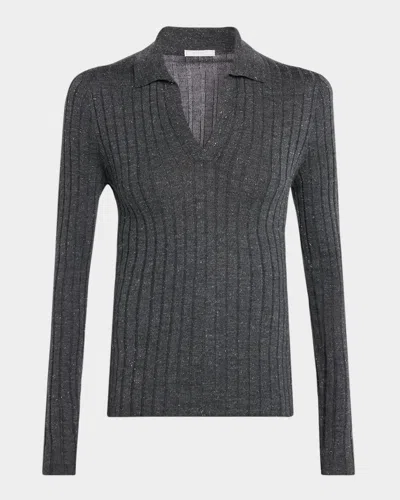 Peserico Ribbed Speckled Knit Polo Sweater In Gray