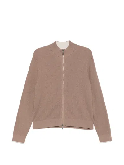 Peserico Ribbed-knit Zip-up Cardigan In Brown