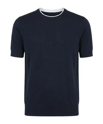 Peserico Contrast-trim Knitted T-shirt In Blue