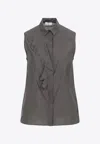 Peserico Silk Cotton Top Collared Neck Ruffle Sleeveless In Gray