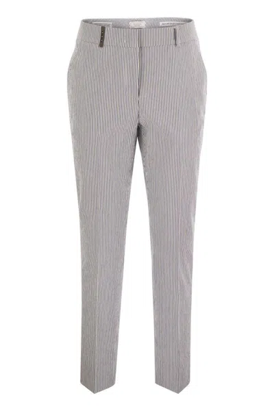 Peserico Seersucker Cotton Cigarette Trousers In Blue