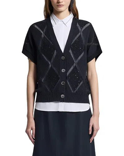 Peserico Sequin Argyle Short Sleeve Cardigan In Black