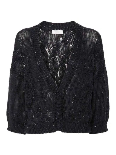 Peserico Cropped Cable-knit Sequin Cardigan In Black