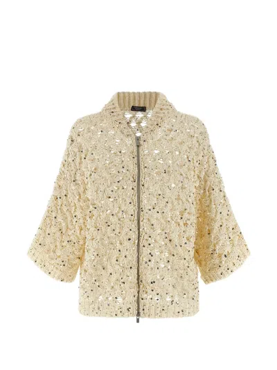 Peserico Sequin Mesh Cardigan Sweaters And Cardigans Beige In Neutral