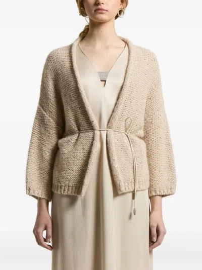 Peserico Sequin-embellished Belted Cardigan In Nude