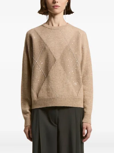 Peserico Sequin-embellished Diamond-pattern Sweater In Brown