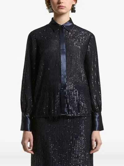 Peserico Sequin-embellished Satin-trimmed Shirt In Blue