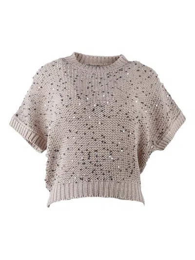 Peserico Sequin-embellished Short-sleeved Sweater In Neutral