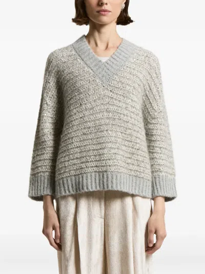 Peserico Sequin-embellished V-neck Sweater In Gray