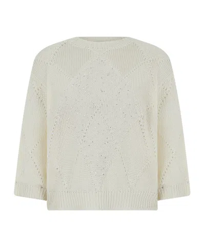Peserico Sequinned Diamond-knit Crew-neck Sweater In Neutral