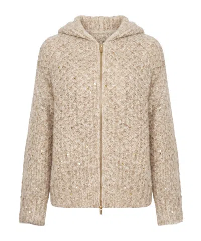 Peserico Sequin-embellished Chunky-knit Hoodie In Gray