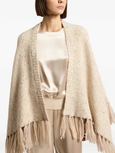Peserico Sequin-embellished Fringed Cape In Neutral