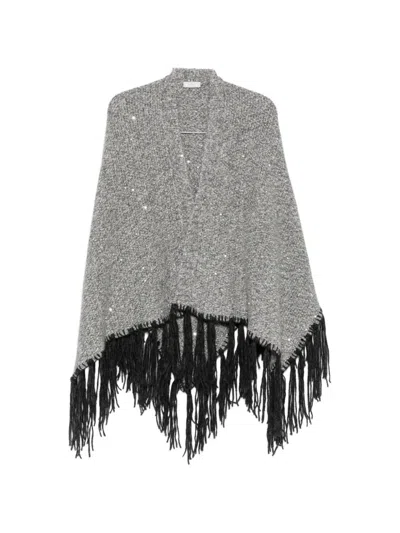 Peserico Sequin-embellished Fringed Poncho In Gray