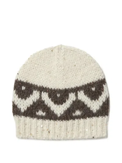 Peserico Sequin-embellished Jacquard-knit Beanie Hat In Neutral