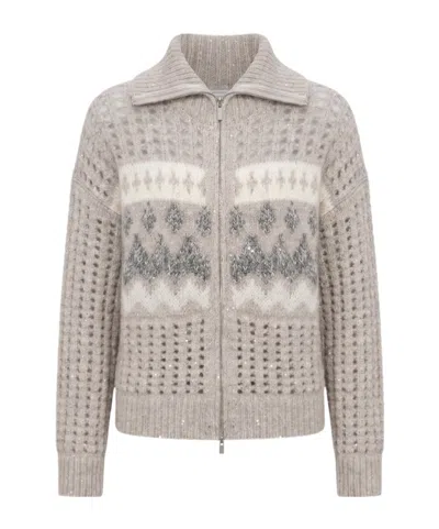 Peserico Sequin-embellished Jacquard-knit Cardigan In Gray