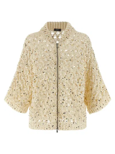 Peserico Sequin-embellished Mesh Cardigan In Cream