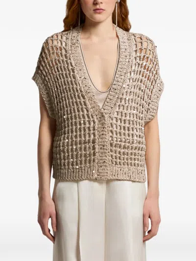 Peserico Sequin-embellished Open-knit Cardigan In Brown