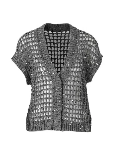 Peserico Sequin-embellished Open-knit Cardigan In Gray