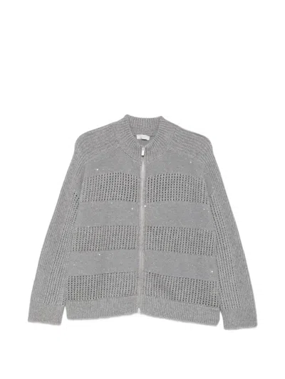 Peserico Sequin-embellished Open-knit Cardigan In Gray