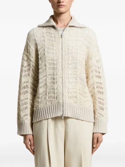 Peserico Sequin-embellished Open-knit Cardigan In Neutral