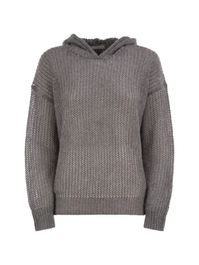 Peserico Hooded Open-knit Jumper With Sequins In Gray