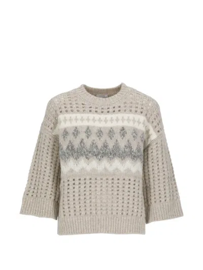 Peserico Crew Neck Long Sleeve Patterned Top In Neutral