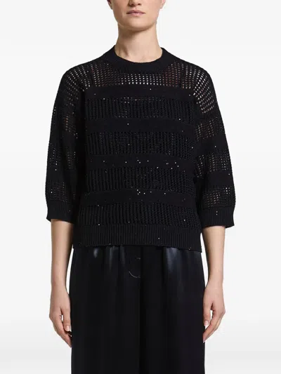 Peserico Sequin-embellished Open-knit Sweater In Black