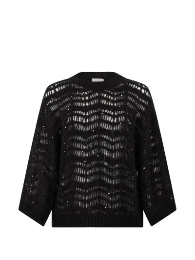 Peserico Sequin-embellished Open-knit Sweater In Black