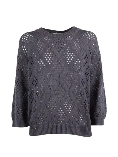 Peserico Sequin-embellished Open-knit Sweatshirt In Gray