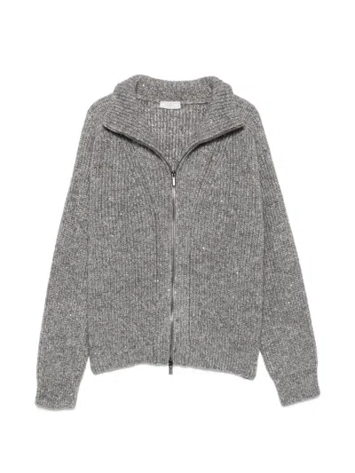 Peserico Sequin-embellished Ribbed Cardigan In Gray
