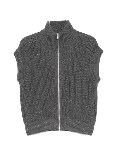 Peserico Sequin-embellished Ribbed Sleeveless Cardigan In Gray
