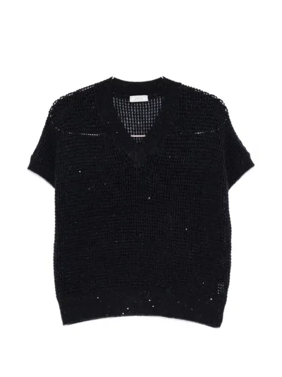 Peserico Sequin-embellished Short-sleeve Sweater In Black
