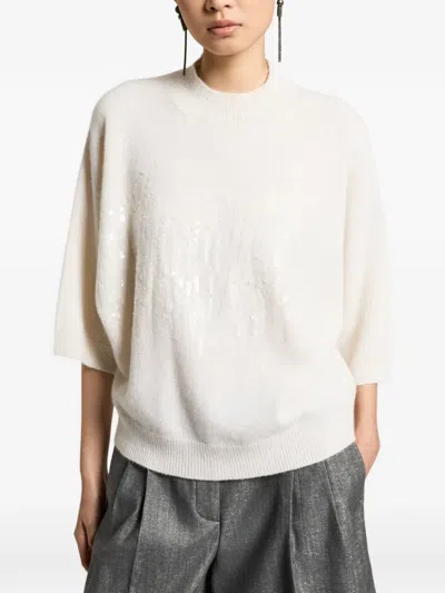 Peserico Sequin-embellished Short-sleeve Sweater In Neutral